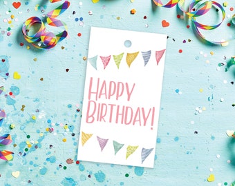 Party Flag Banner Happy Birthday Gift Tag 2" x 3.5", set of 10