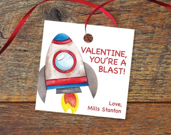 Rocket Ship, You're a Blast Personalized Valentine's Day 2.5 inch square Gift Tag