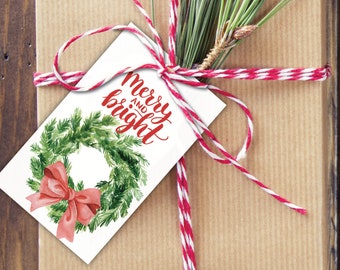 Wreath Merry and Bright, Christmas Gift Tag, Set of 10