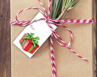 Red and Green Present, Christmas Gift Tag, Set of 10