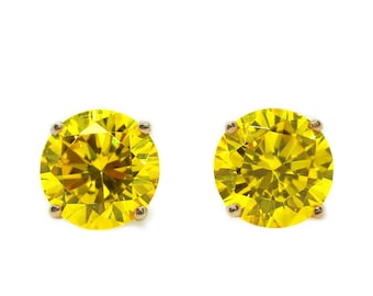 2 Ct Canary Yellow Round Earrings Studs Martini Real 14K Rose Gold Screw Back