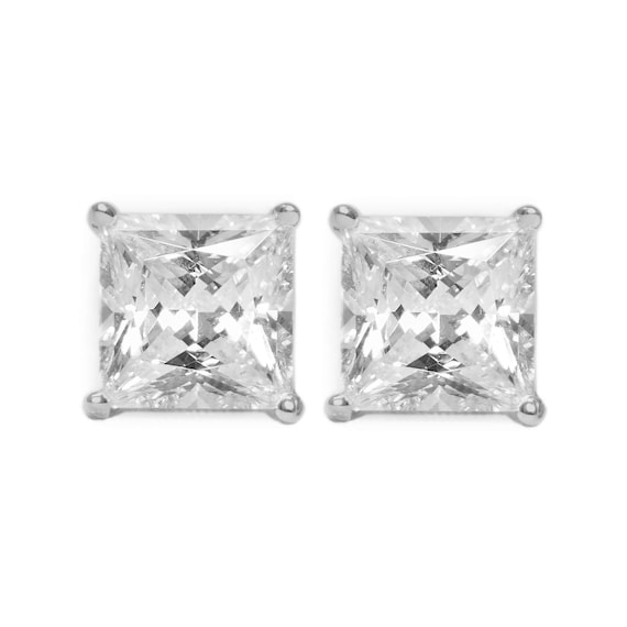 3CT 14k White Gold Lab Diamond Earrings Princess Cut Stud Butterfly Screw Back
