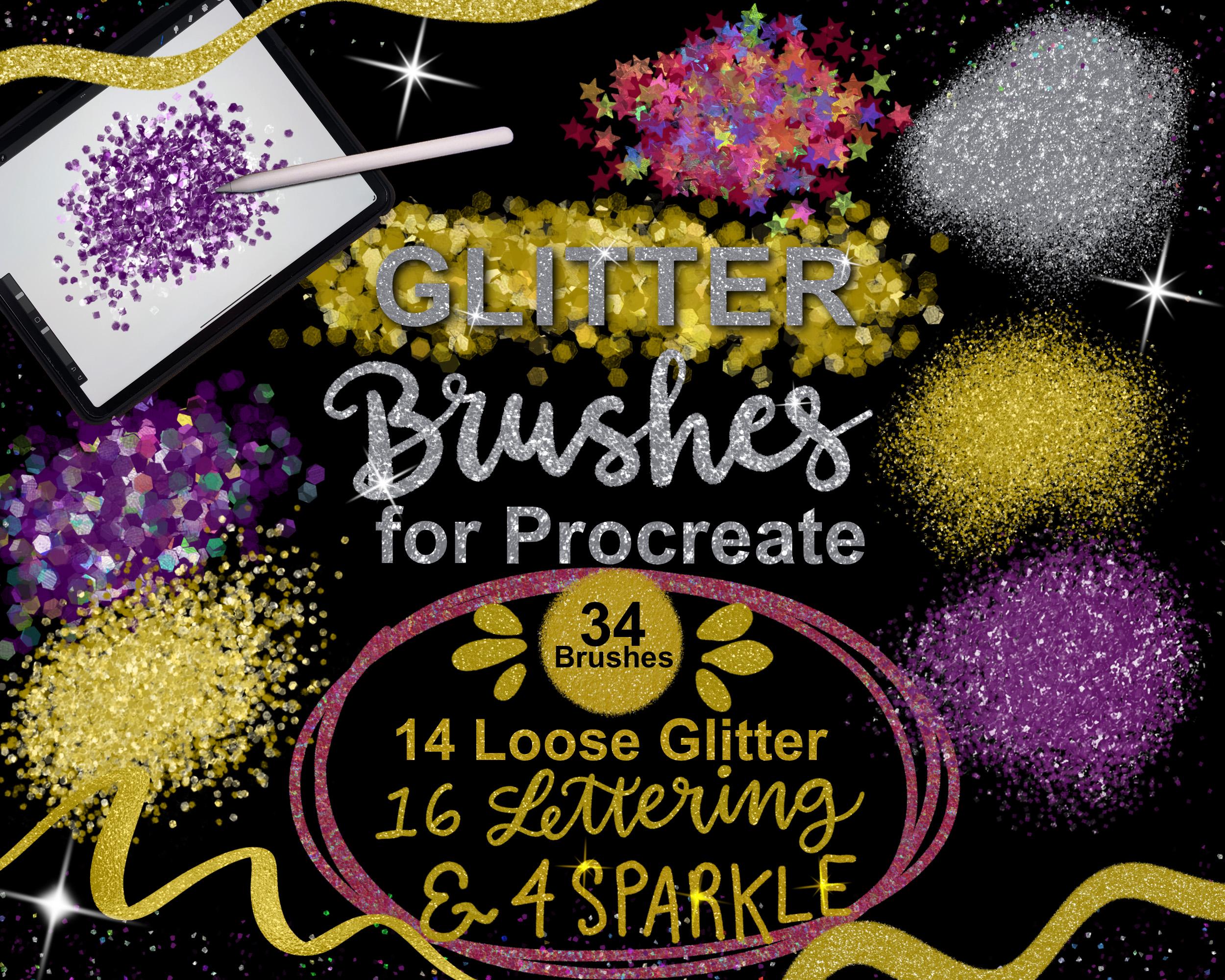 Procreate Glitter Brushes Set – 34 Realistic Sparkle & Lettering Brushes with Multicolor Effects