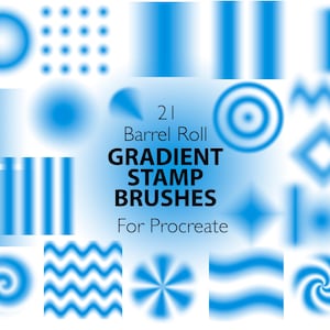 Peut inclure: Ensemble de 21 pinceaux de tampon dégradé bleu pour Procreate, présentant diverses formes et motifs. L'image comprend des cercles, carrés, lignes et motifs ondulés flous, tous dans des tons de bleu sur fond blanc.