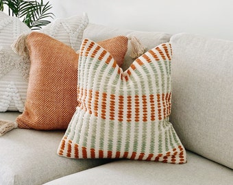 Emerald Green Pillow, Boho Throw Pillow cover, Pastel Spring Pillow, Bohemian Pillow, Green Orange Pillow, Decorative Textured Pillow
