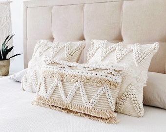 Euro Sham Set3 Pillows, Boho Throw Pillows Combo, White Neutral