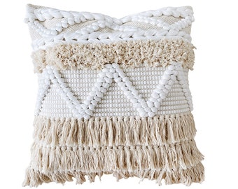 24x24 Fringe Bohemian Pillow, Boho Pillow Cover, Bohemian Floor Pillow, Ivory White Woven Pillow, Scandi Boho Throw Pillow cover