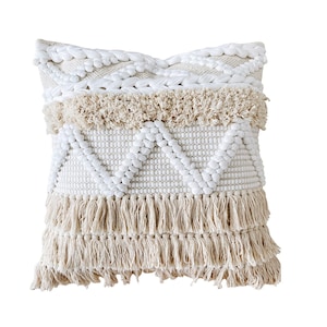 24x24 Fringe Bohemian Pillow, Boho Pillow Cover, Bohemian Floor Pillow, Ivory White Woven Pillow, Scandi Boho Throw Pillow cover