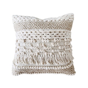 22x22 Handwoven Bohemian Pillow, Boho Pillow Cover, Fringe Bohemian Pillow, Jute Pillow, Woven Boho Throw Pillow cover, Cream Pillow
