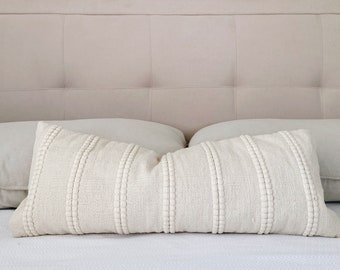 Long Lumbar Pillow 12"x36", Neutral Throw Pillow cover 12"x45", Boho Pillow, Farmhouse Pillow, Handwoven Bohemian Lumbar, Ivory Pillow