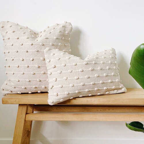 Neutral Pom Pom Pillow Modern Boho Throw Pillow Decorative Etsy