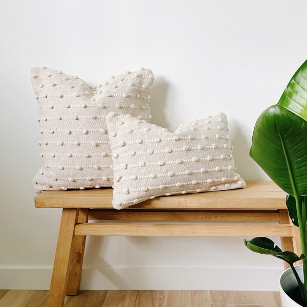 Neutral Pom Pom Pillow, Modern Boho Throw Pillow, Decorative Pillow, Ivory Farmhouse Pillow, Pillow Covers, Textured Pillows, Cushion Cover