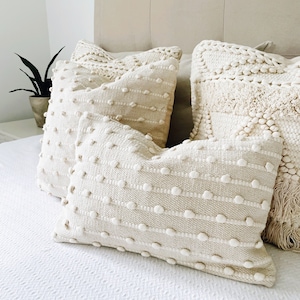 Neutral Lumbar Pillow, Pom Pom Pillow, Boho Throw Pillow, Decorative Pillow, Ivory Farmhouse Pillow, Bohemian Pillow Cover, Textured Pillows
