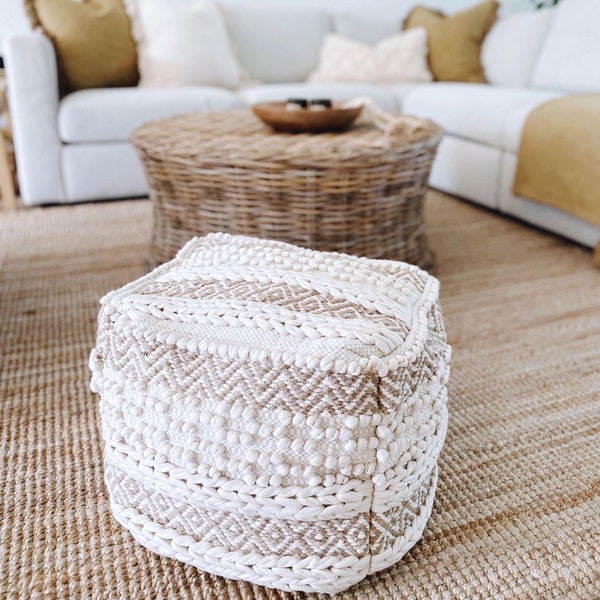 Boho Pouf Cover, Jute Pouf, Bohemian Pouf Ottoman for Living Room, Pouf for Kids Room or Playroom, Textured Neutral Pouf Unstuffed No filler