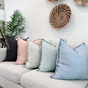 GARAGE SALE for Blue Pastel Linen Pillows with Defects, Spring Fringe Linen Pillow Cover 20&quot;x20&quot;, Linen Throw Pillow, Blue Soft Linen Case