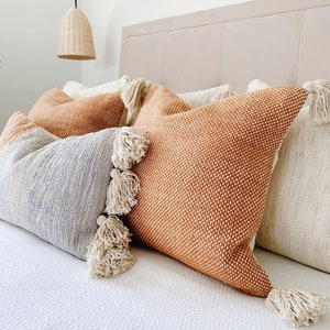 Boho Throw Pillow cover, Pastel Bohemian Pillow with Tassels, Decorative Spring Pillow, Peach Orange Pillow, Handwoven Textured Boho Pillow