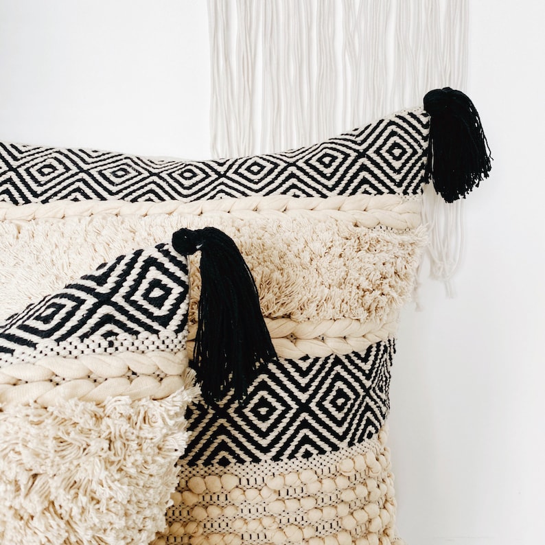 Boho Throw Pillow cover Bohemian Pillow with Tassels Black & Etsy