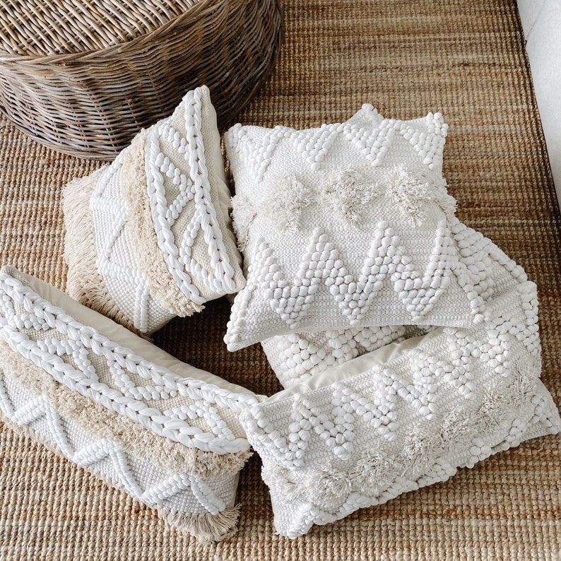 24x24 White Boho Pillow Bohemian Pillow Handwoven Boho Etsy