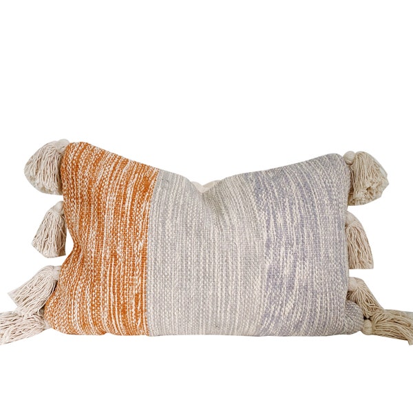 Lumbar Pillow, Boho Throw Pillow with Tassels, Spring Pillow cover, Pastel Bohemian Pillow, Textured Cushion, Blue Rust Orange Peach Gray