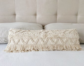 Long Lumbar Pillow 12"x36", Neutral Throw Pillow cover, Boho Pillow, Farmhouse Pillow, Handwoven Bohemian Fringe Lumbar Pillow