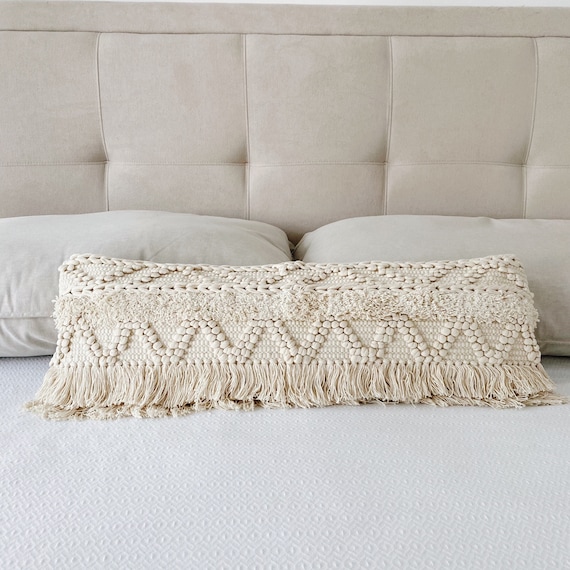 Long Lumbar Pillow 12x36, Neutral Throw Pillow Cover, Boho Pillow,  Farmhouse Pillow, Handwoven Bohemian Fringe Lumbar Pillow 