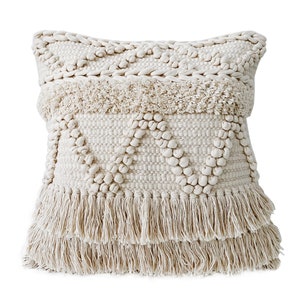 22&quot;x22&quot; Throw Pillow cover, Bohemian Pillow, Neutral Boho Textured Pillow, Ivory Pillow, Soft Tufted Cushion case, Hand Woven Fringe Pillow