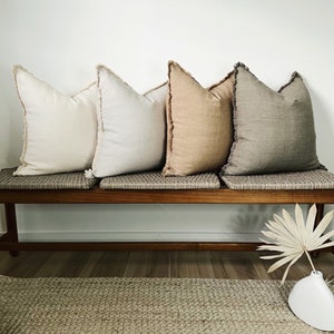 Fringe Linen Pillow Cover 20&quot;x20&quot;, Neutral Farmhouse Pillow, Soft Decorative Linen Pillow Case, Bohemian Pillow, Boho Throw Pillow