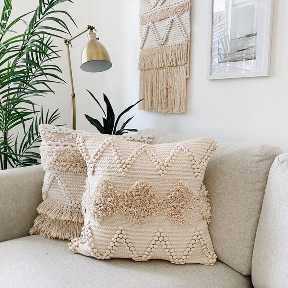 Neutral Throw Pillow Cover Farmhouse Pillow Decorative Pillow Tufted Woven Sofa Pillow Boho Textured Pillow Natural Fringe Cushion Case Etsy