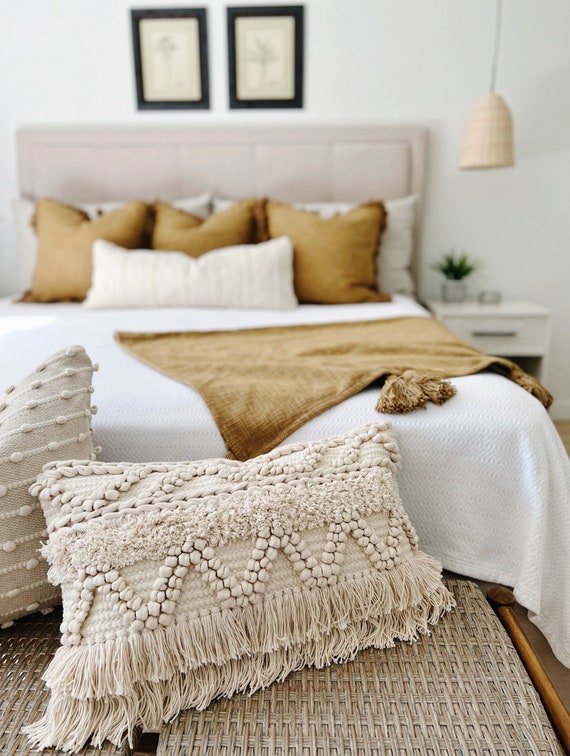 Lumbar Pillow Lumbar Throw Pillow Farmhouse Textured Lumbar Boho Pillow Cover Fringe Lumbar Bohemian Pillow Ivory Neutral Etsy