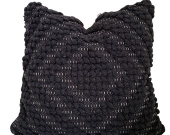 18"x18" Black Pillow Cover, Diamond Pillow, Boho Throw Pillow, Handwoven Bohemian Pillow, Farmhouse Pillow, Textured Cotton Pillow Case