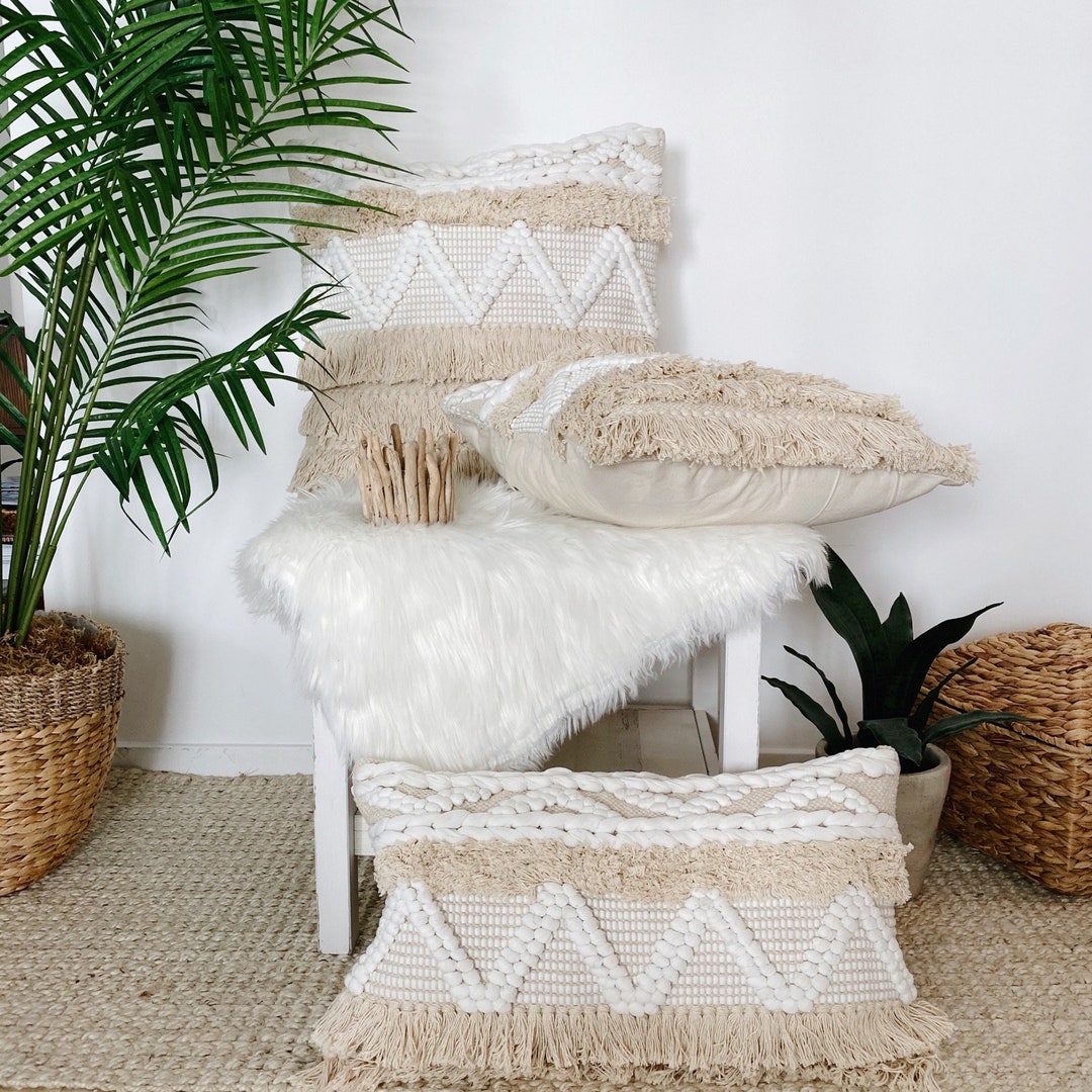White Neutral Boho Lumbar 14x24, Scandi Boho White Cream Pillow, Ivory