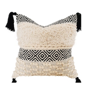 24x24 Boho Pillow with Tassels, Bohemian pillow, Throw Pillow cover, Black & Cream Cushion, Handwoven Boho Pillow, Moroccan Pillow