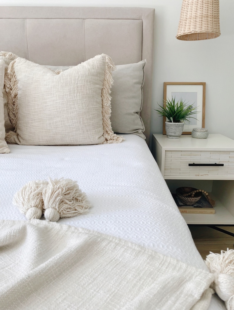 Large Neutral Farmhouse Pillow With Fringes Oatmeal Soft Etsy