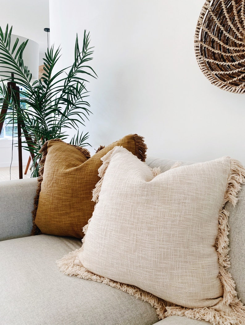 Large Neutral Farmhouse Pillow With Fringes Oatmeal Soft Etsy