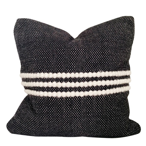 Black Striped Kilim Pillow, Boho Throw Pillow, Modern Farmhouse Pillow, Textured Stripe Pillow Cover, Midcentury Pillow, Black Cushion Case