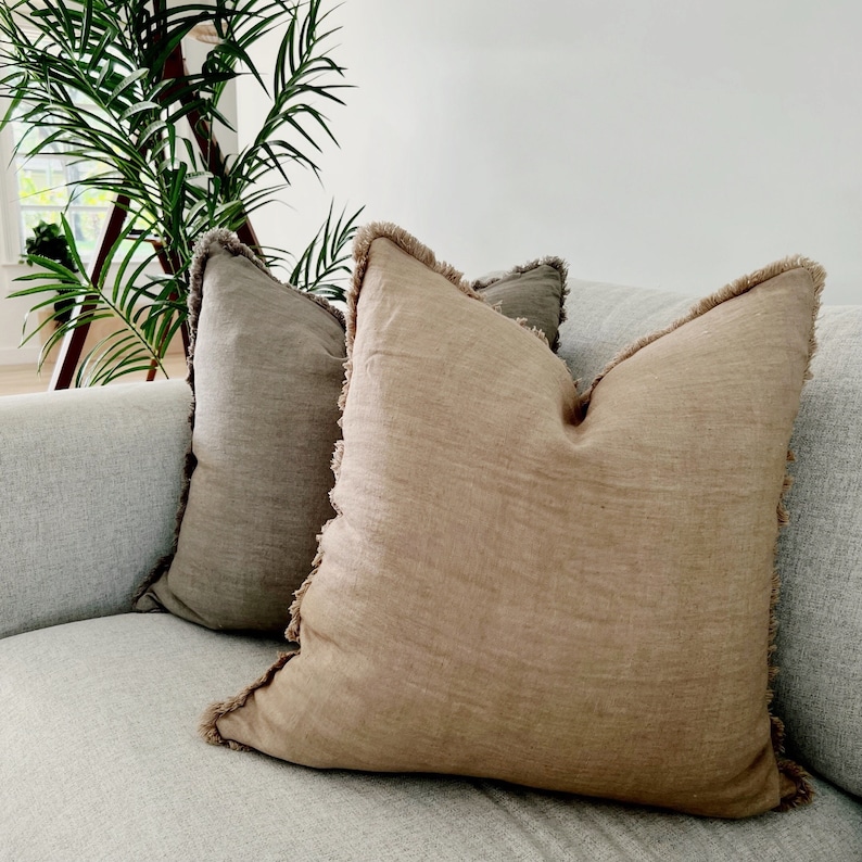 Sand Linen Pillow Cover, Neutral Ochre Fringe Linen Pillow 20x20, Soft Sofa Pillow Case, Farmhouse Pillow, Boho Throw Pillow, Sham Cushion Bild 1