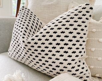 Lumbar Throw Pillow 14"x20", Black & Neutral Pillow cover, Boho Pillow, Bohemian Lumbar Pillow, Black Textured Cushion, Moroccan Pillow