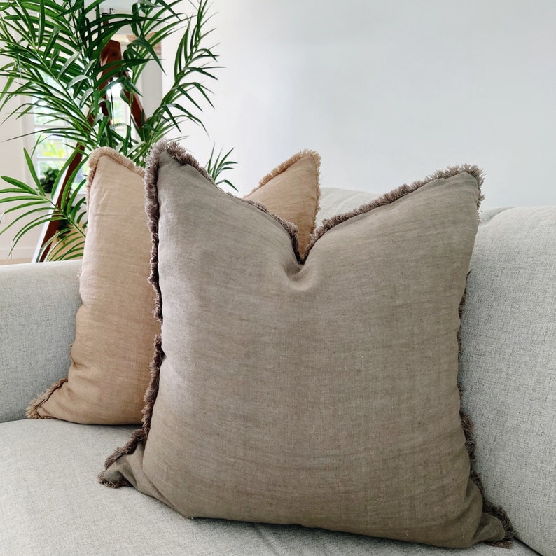 Olive Green Pillow, Fringe Linen Pillow 20x20, Soft Sofa Pillow case, Farmhouse Pillow, Boho Throw Pillow cover, Green Sham Cushion Cover bild 1