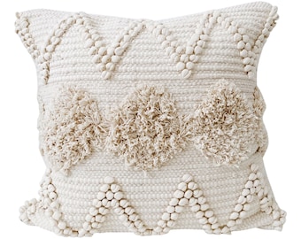 Neutral Throw Pillow cover, Farmhouse Pillow, Decorative Pillow, Tufted Woven Sofa Pillow, Boho Textured Pillow, Natural Fringe Cushion case
