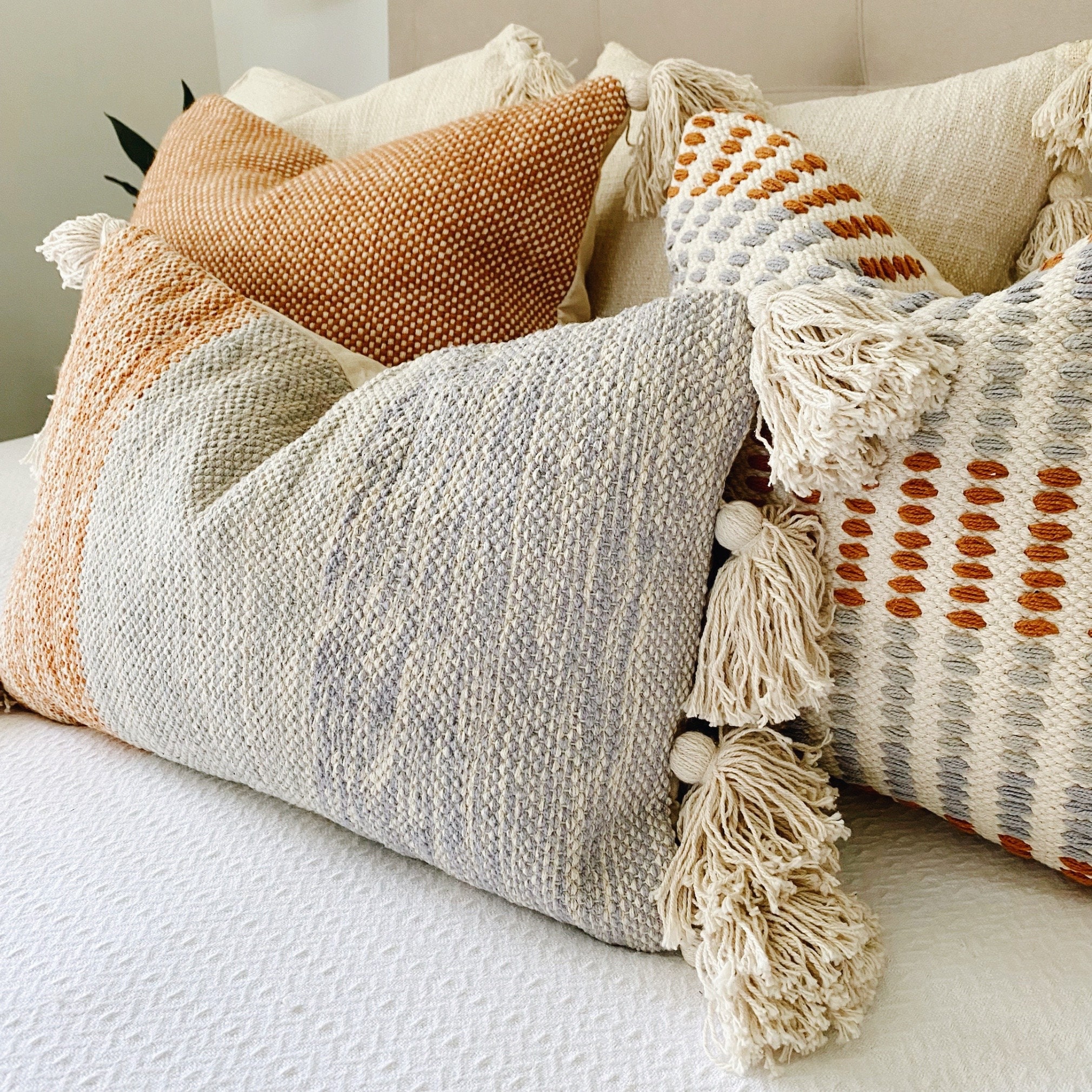 Boho Throw Pillow Cover, Pastel Bohemian Pillow With Tassels, Decorative  Spring Pillow, Peach Orange Pillow, Handwoven Textured Boho Pillow 