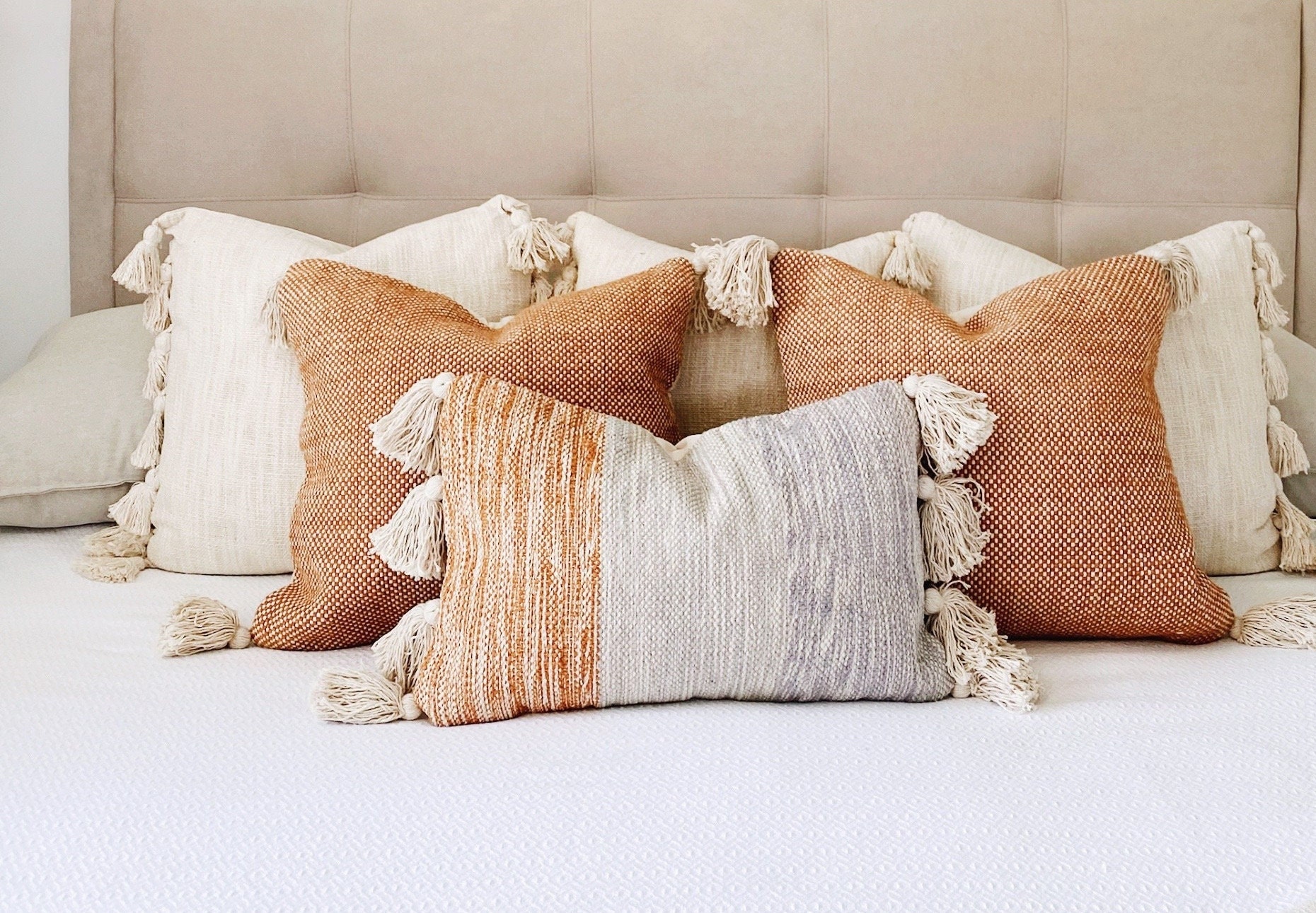 Neutral Bed Pillow Combo, Set4 Throw Pillows, Farmhouse Pillows Combo, Sofa  Pillow Combination, Textured Bed Pillow Covers, Euro Sham Set 