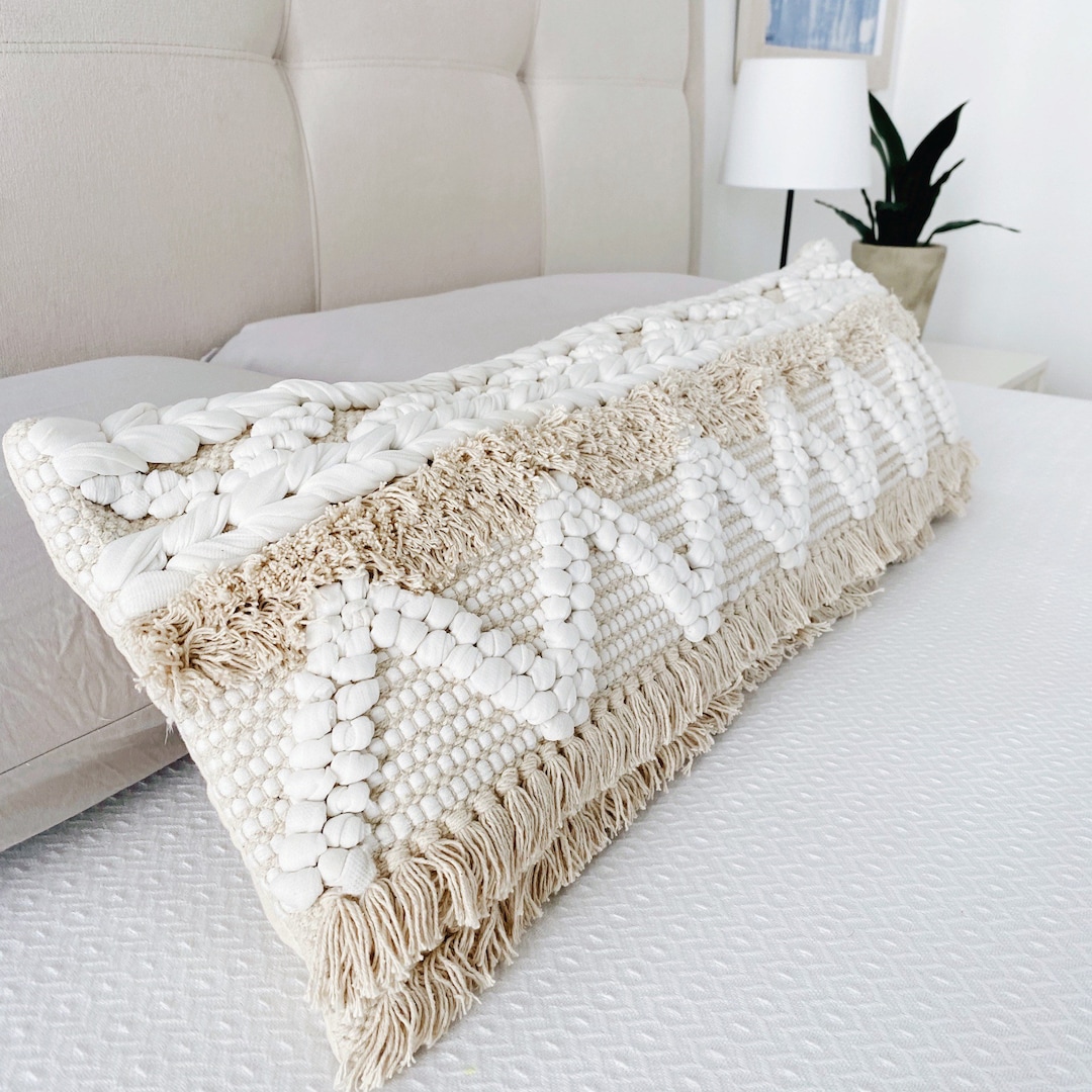 Bohemian White and Neutral Farmhouse Long Lumbar Pillow Cover, Scandi