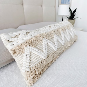 Bohemian White and Neutral Farmhouse Long Lumbar Pillow Cover, Scandi Boho Lumbar, Handwoven Pillow, Tufted Lumbar, Lumbar Throw Pillow Case