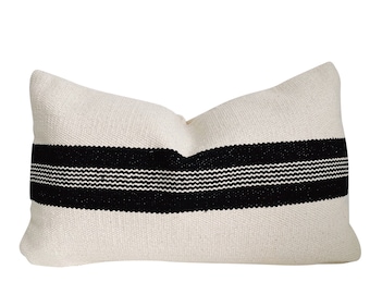 Neutral and Black Kilim Lumbar Pillow, Stripe Pillow, Boho Throw Pillows, Modern Farmhouse Lumbar Pillow, Bohemian Lumbar Kilim Pillow cover