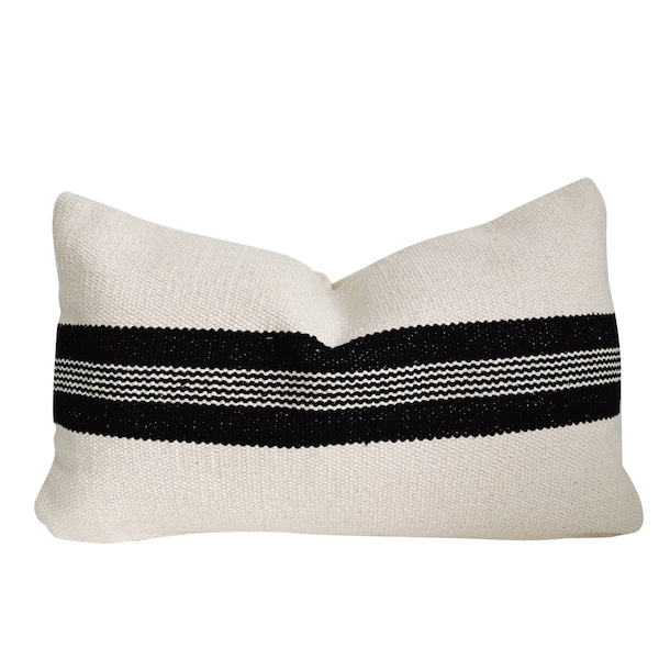 Neutral and Black Kilim Lumbar Pillow, Stripe Pillow, Boho Throw Pillows, Modern Farmhouse Lumbar Pillow, Bohemian Lumbar Kilim Pillow cover
