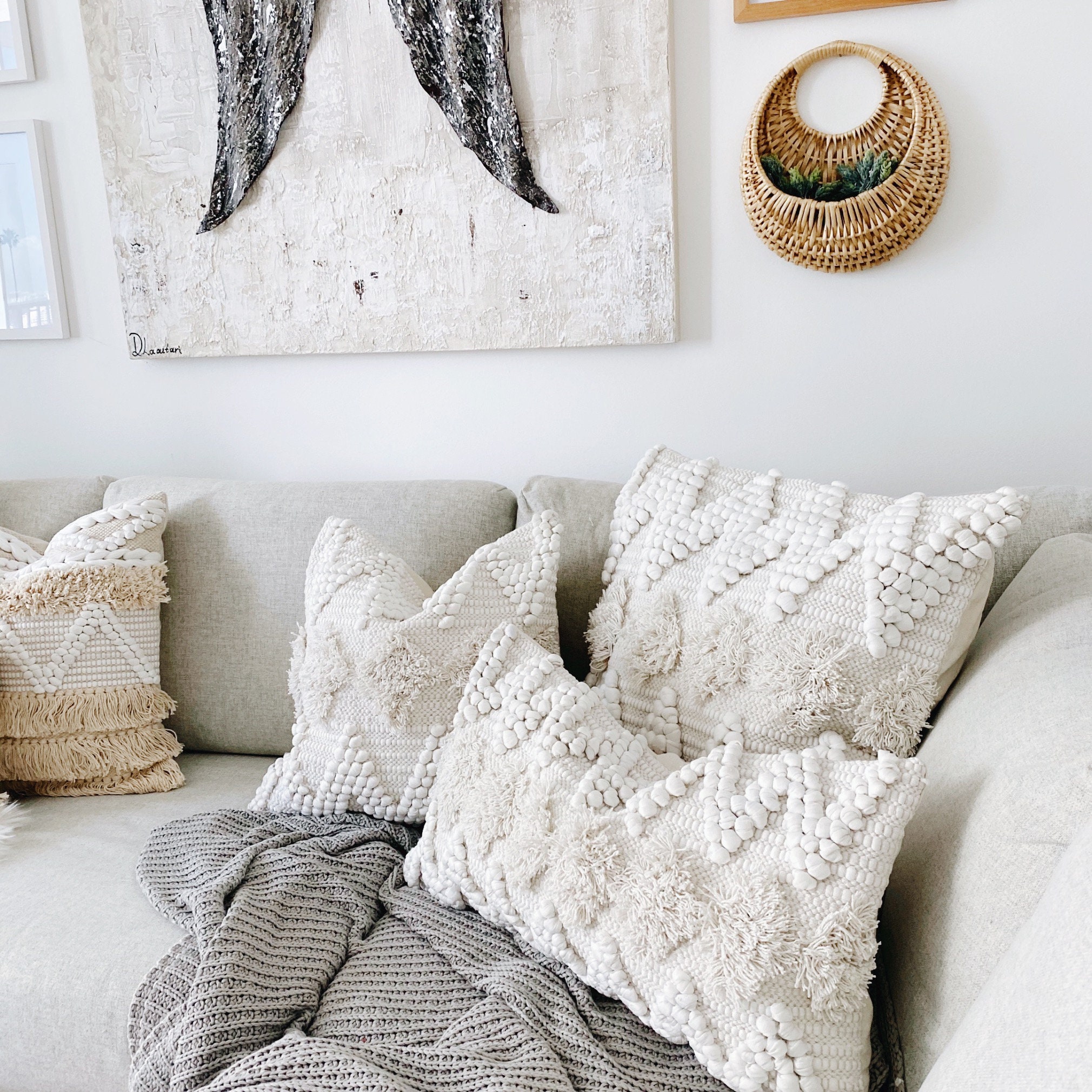 Neutral Boho Pillow Set Sofa Pillow Set White Mud Cloth Decor Textured  Pillow Cover Set Lumbar Throw Pillow 