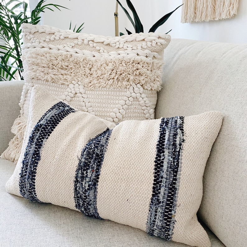 Coastal Throw Pillow Cover, Textured Pillow, Summer Pillow, Farmhouse Cushion Case, Lumbar Boho Soft Pillow, Neutral Blue Bohemian Pillow image 1