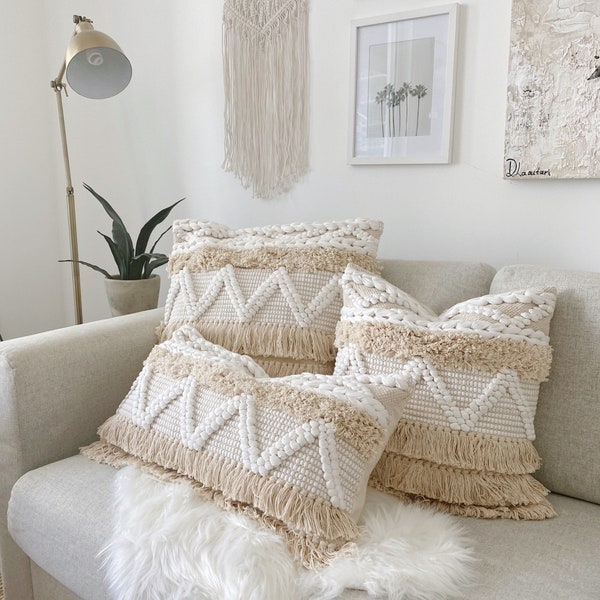 Handwoven Bohemian Pillow, Boho Pillow Cover, Fringe Bohemian Pillow, Ivory Scandi Boho Throw Pillow, White Cream Floor Pillow, Throw Pillow