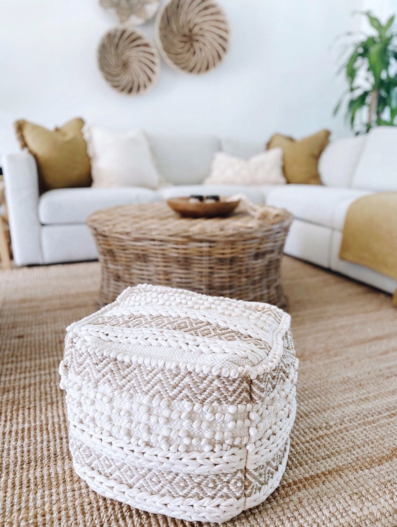 Boho Pouf Cover, Jute Pouf, Bohemian Pouf Ottoman for Living Room, Pouf for  Kids Room or Playroom, Textured Neutral Pouf Unstuffed No Filler 