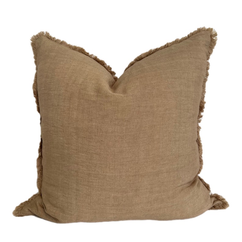 Sand Linen Pillow Cover, Neutral Ochre Fringe Linen Pillow 20x20, Soft Sofa Pillow Case, Farmhouse Pillow, Boho Throw Pillow, Sham Cushion Bild 2